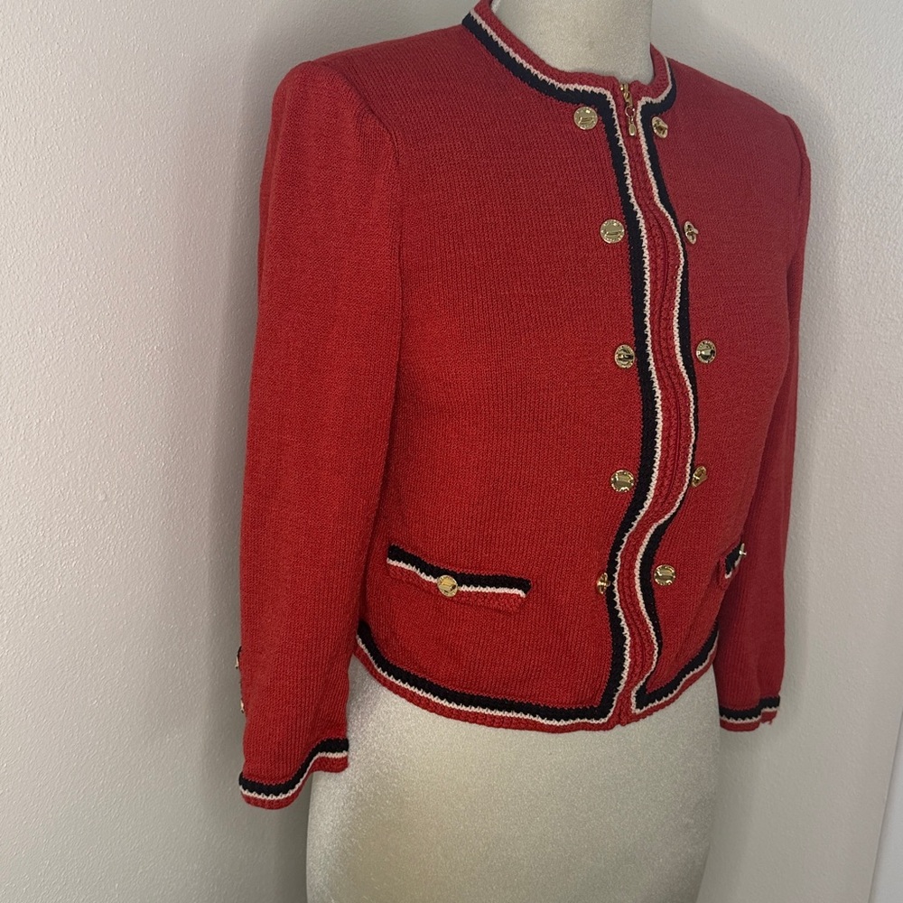 St John Collection red navy gold button hardware zip front knit sweater 2 - Picture 2 of 10